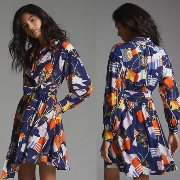 Anthropologie Dresses & Skirts - Anthropologie Maeve Mini Shirtdress Nautical Navy Long Sleeve XS Dress Boho